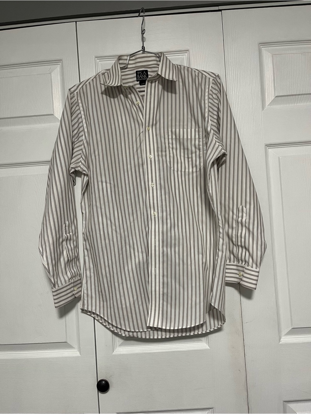 Jos A Bank Men's Cream and Gray Striped Dress Shirt